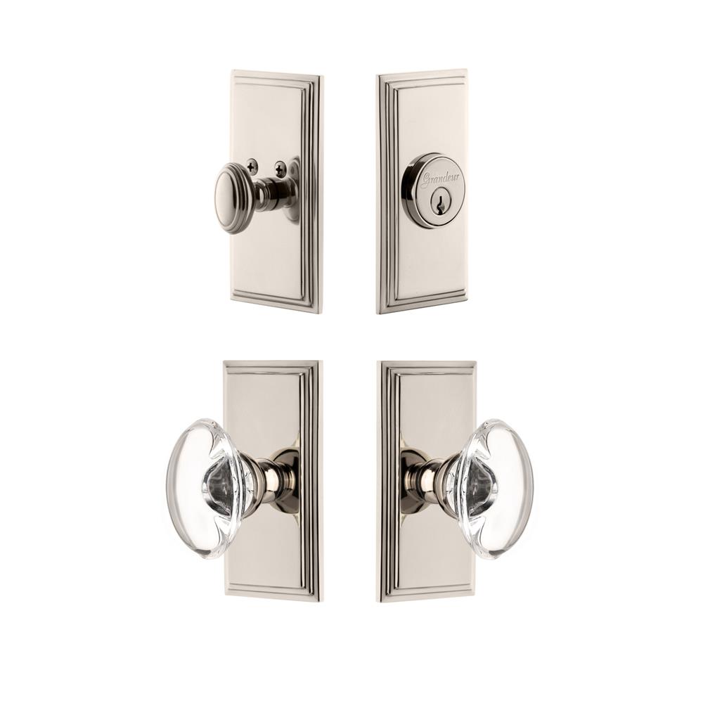 Grandeur by Nostalgic Warehouse CARPRO Carre Plate with Provence Crystal Knob and matching Deadbolt in Polished Nickel