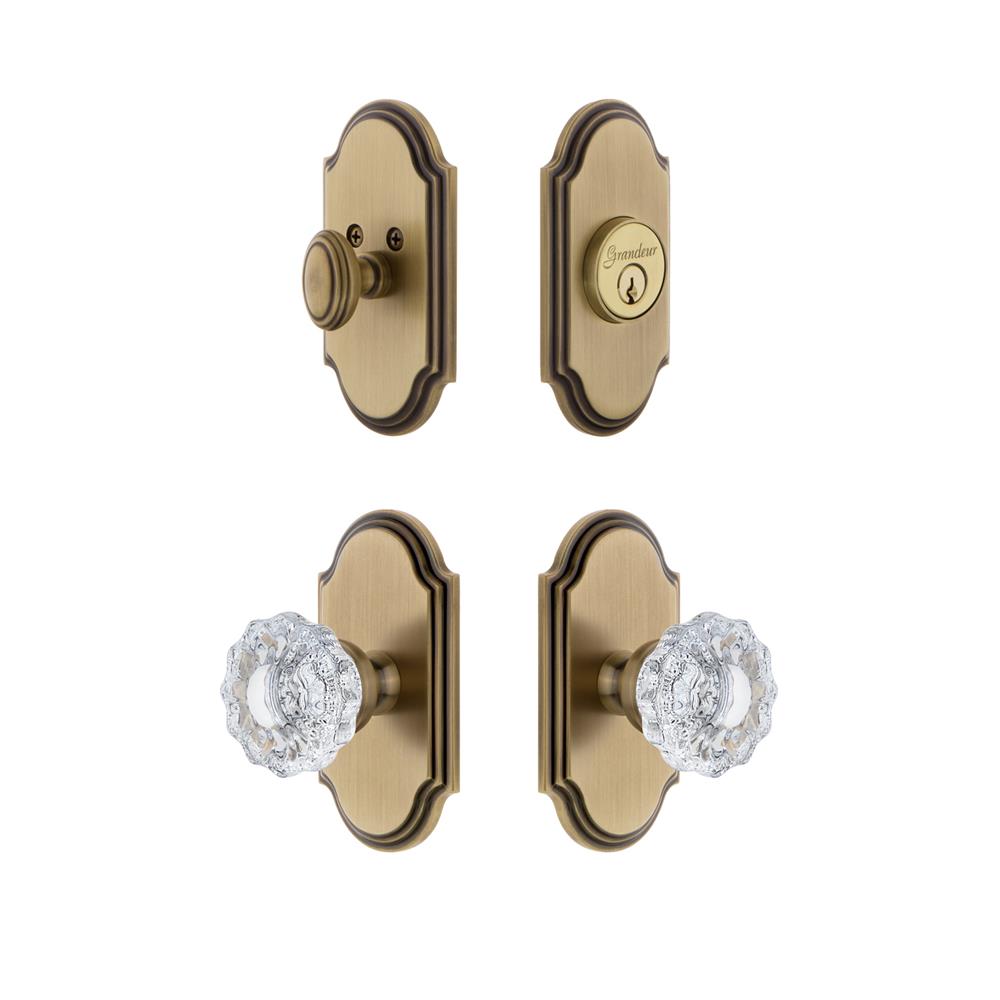 Grandeur by Nostalgic Warehouse ARCVER Arc Plate with Versailles Crystal Knob and matching Deadbolt in Vintage Brass