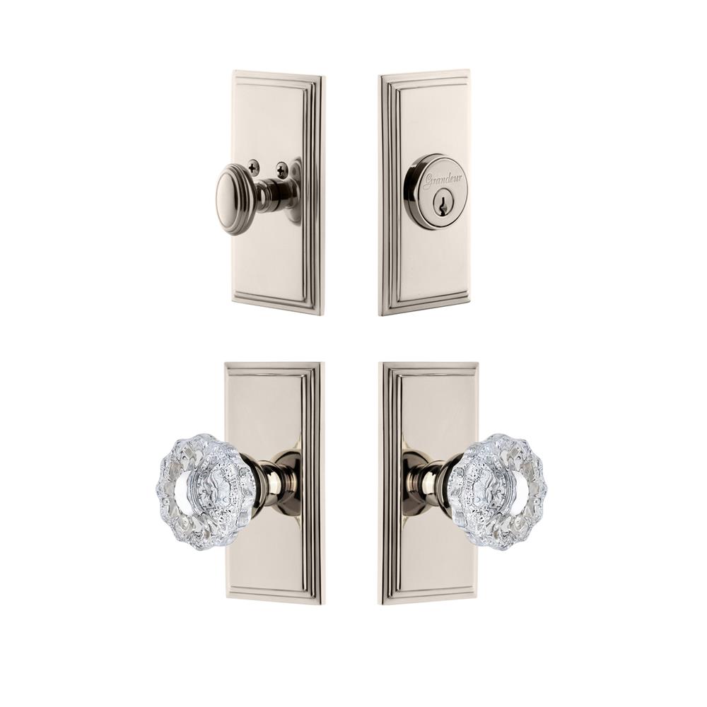 Grandeur by Nostalgic Warehouse CARVER Carre Plate with Versailles Crystal Knob and matching Deadbolt in Polished Nickel
