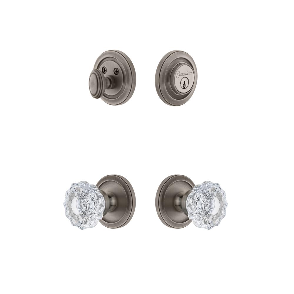 Grandeur by Nostalgic Warehouse CIRVER Circulaire Rosette with Versailles Crystal Knob and matching Deadbolt in Antique Pewter