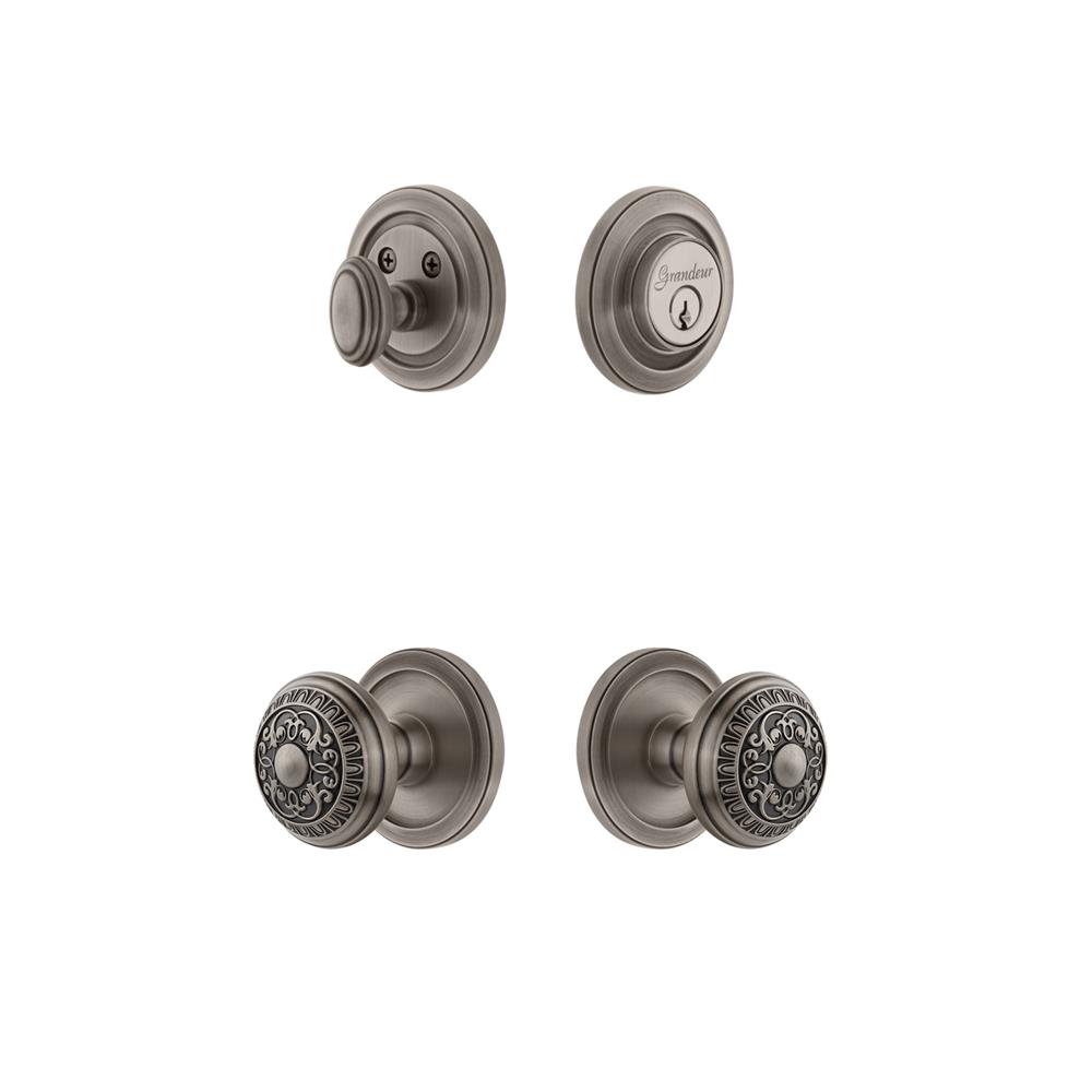 Grandeur by Nostalgic Warehouse CIRWIN Circulaire Rosette with Windsor Knob and matching Deadbolt in Antique Pewter