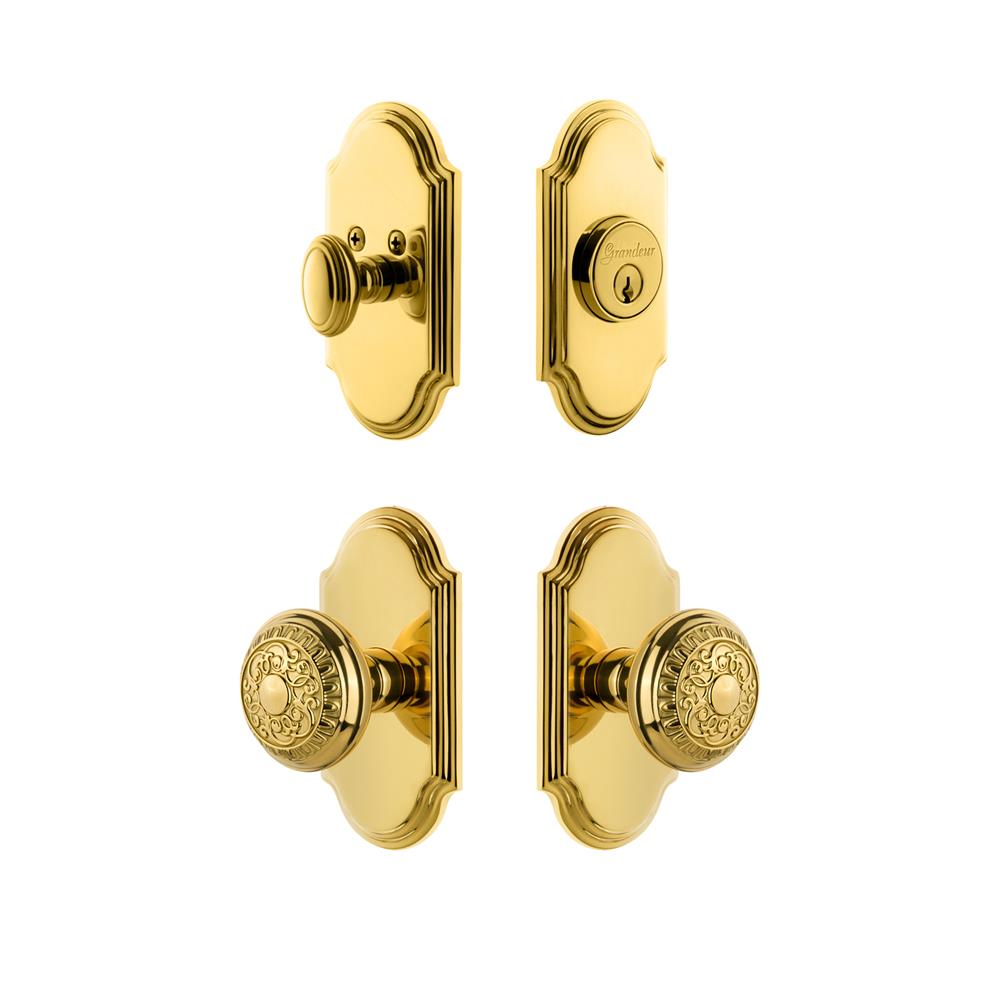 Grandeur by Nostalgic Warehouse ARCWIN Arc Plate with Windsor Knob and matching Deadbolt in Lifetime Brass