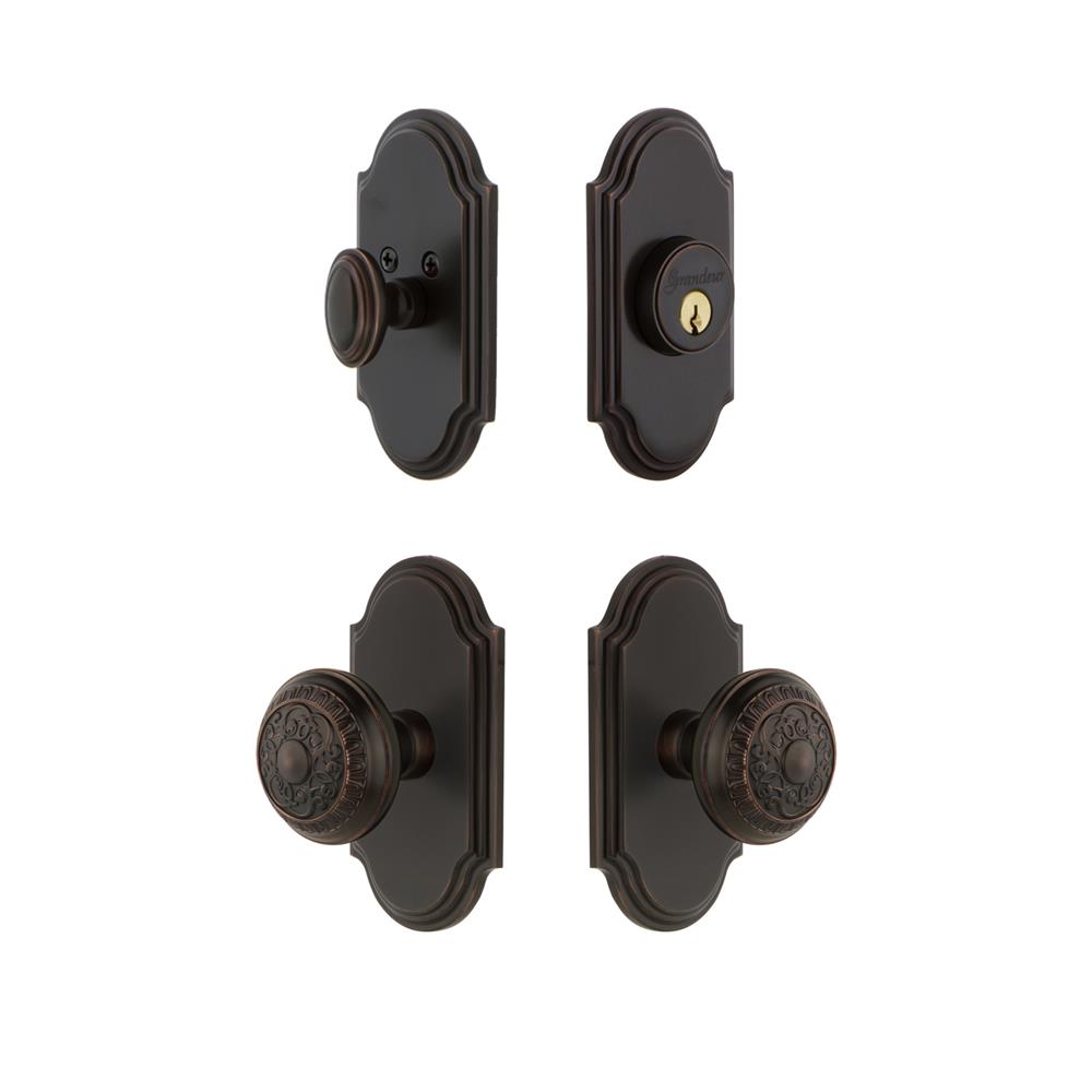 Grandeur by Nostalgic Warehouse ARCWIN Arc Plate with Windsor Knob and matching Deadbolt in Timeless Bronze
