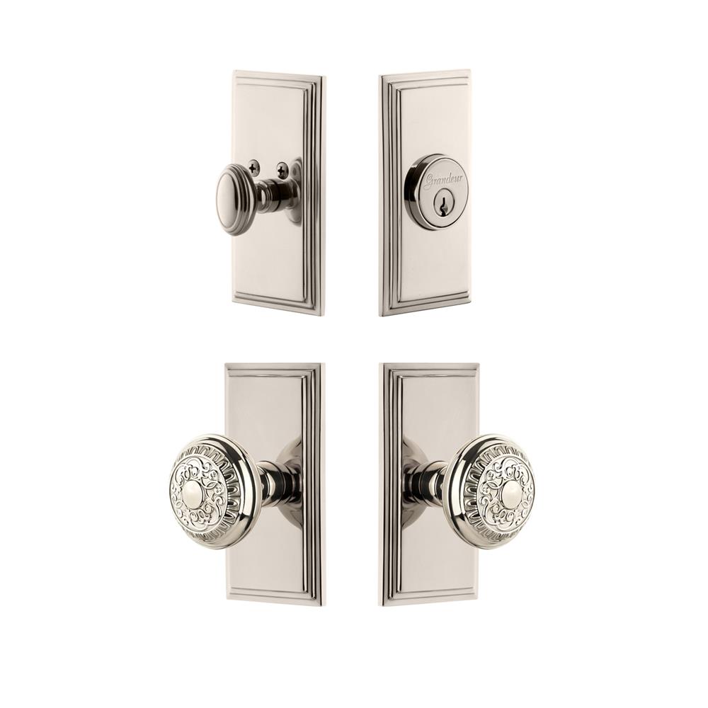 Grandeur by Nostalgic Warehouse CARWIN Carre Plate with Windsor Knob and matching Deadbolt in Polished Nickel