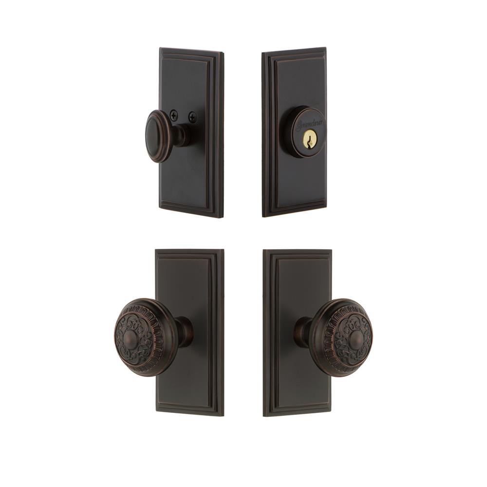 Grandeur by Nostalgic Warehouse CARWIN Carre Plate with Windsor Knob and matching Deadbolt in Timeless Bronze