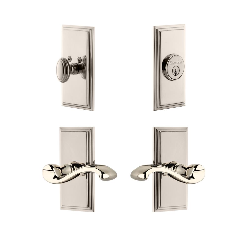 Grandeur by Nostalgic Warehouse CARPRT Carre Plate with Portfino Lever and matching Deadbolt in Polished Nickel