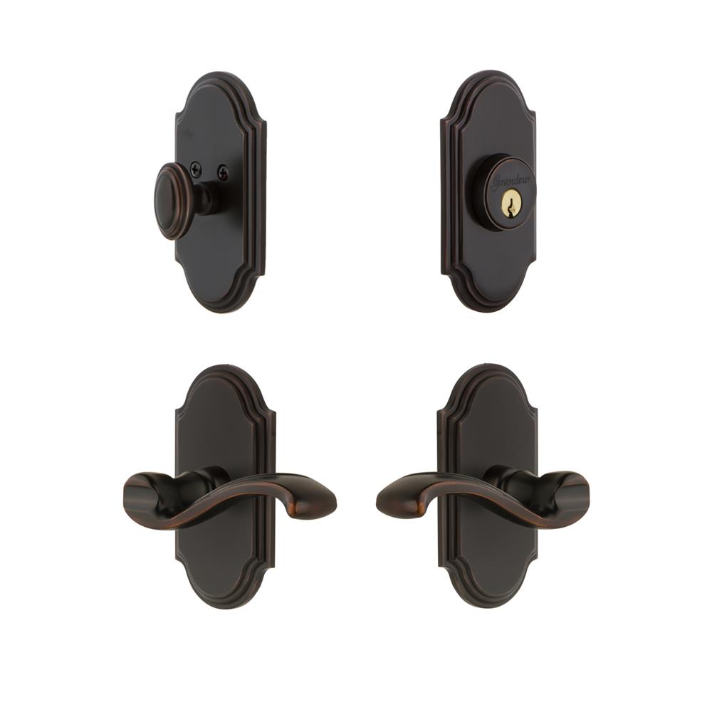 Grandeur by Nostalgic Warehouse ARCPRT Arc Plate with Portfino Lever and matching Deadbolt in Timeless Bronze