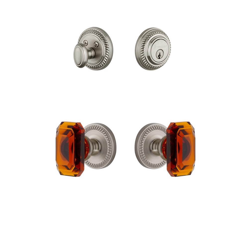 Grandeur by Nostalgic Warehouse NEWBCA Newport Rosette with Amber Baguette Crystal Knob and matching Deadbolt in Satin Nickel