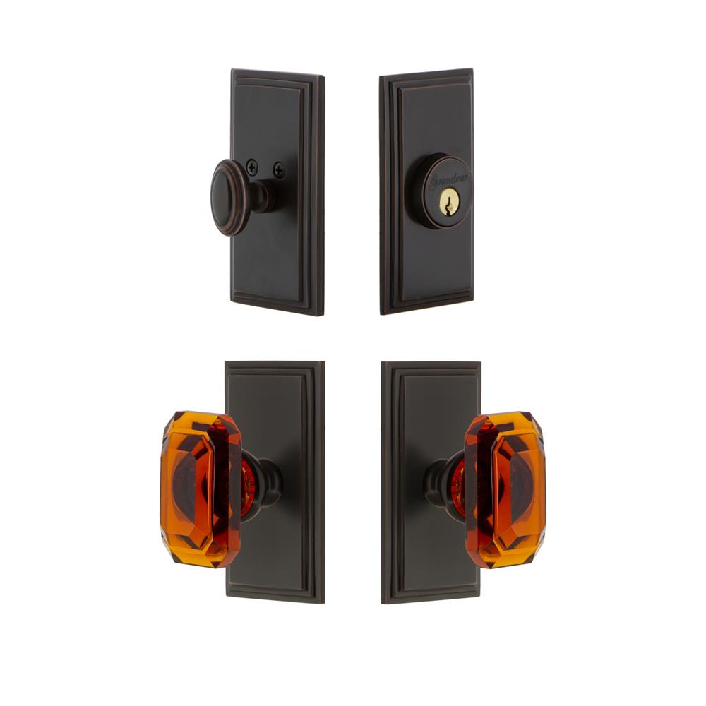 Grandeur by Nostalgic Warehouse CARBCA Carre Plate with Amber Baguette Crystal Knob and matching Deadbolt in Timeless Bronze