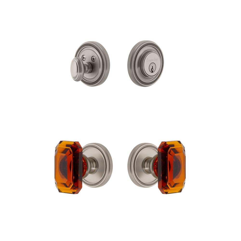 Grandeur by Nostalgic Warehouse SOLBCA Soleil Plate with Amber Baguette Crystal Knob and matching Deadbolt in Satin Nickel