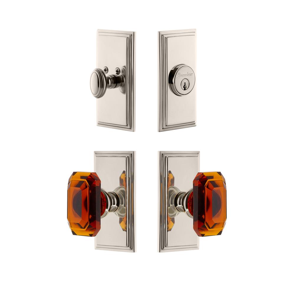 Grandeur by Nostalgic Warehouse CARBCA Carre Plate with Amber Baguette Crystal Knob and matching Deadbolt in Polished Nickel