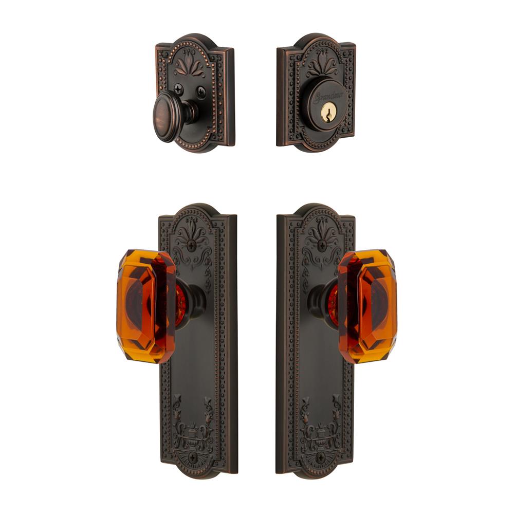Grandeur by Nostalgic Warehouse PARBCA Parthenon Plate with Amber Baguette Crystal Knob and matching Deadbolt in Timeless Bronze