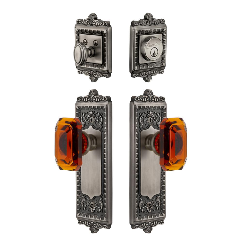 Grandeur by Nostalgic Warehouse WINBCA Windsor Plate with Amber Baguette Crystal Knob and matching Deadbolt in Antique Pewter