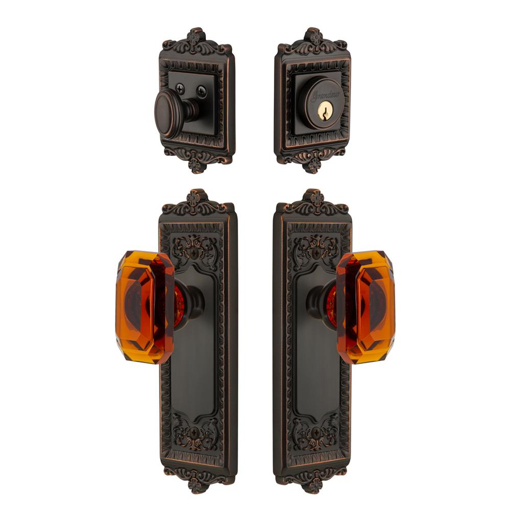 Grandeur by Nostalgic Warehouse WINBCA Windsor Plate with Amber Baguette Crystal Knob and matching Deadbolt in Timeless Bronze