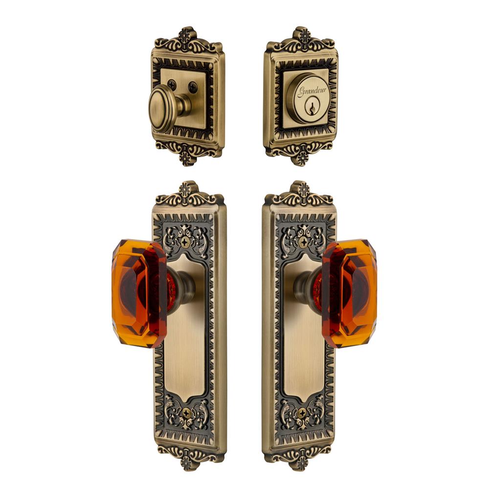 Grandeur by Nostalgic Warehouse WINBCA Windsor Plate with Amber Baguette Crystal Knob and matching Deadbolt in Vintage Brass