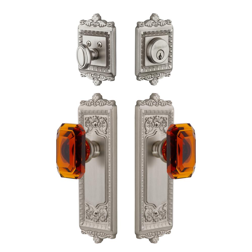 Grandeur by Nostalgic Warehouse WINBCA Windsor Plate with Amber Baguette Crystal Knob and matching Deadbolt in Satin Nickel