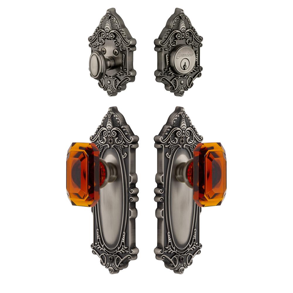 Grandeur by Nostalgic Warehouse GVCBCA Grande Vic Plate with Amber Baguette Crystal Knob and matching Deadbolt in Antique Pewter