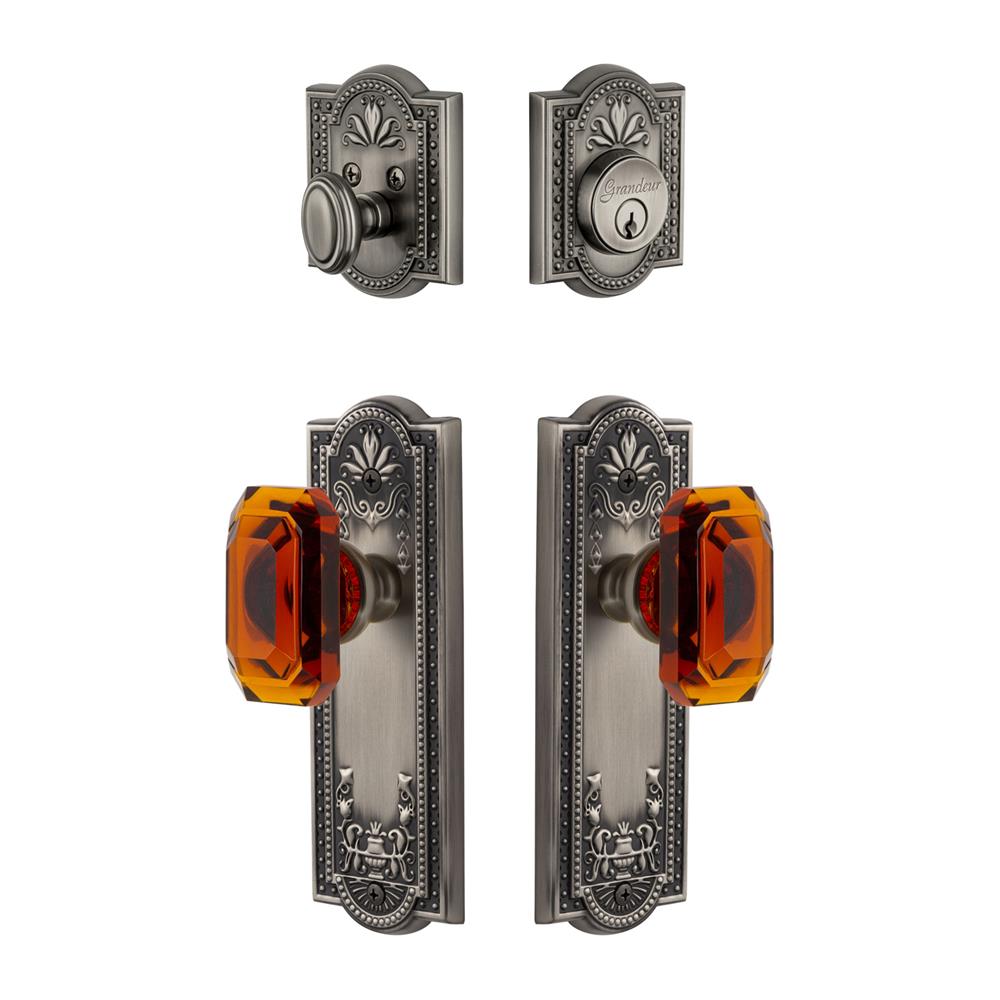 Grandeur by Nostalgic Warehouse PARBCA Parthenon Plate with Amber Baguette Crystal Knob and matching Deadbolt in Antique Pewter