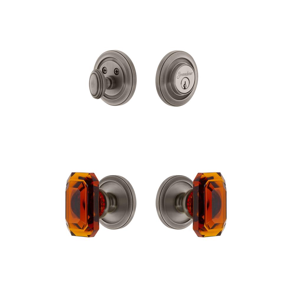 Grandeur by Nostalgic Warehouse CIRBCA Circulaire Rosette with Amber Baguette Crystal Knob and matching Deadbolt in Antique Pewter