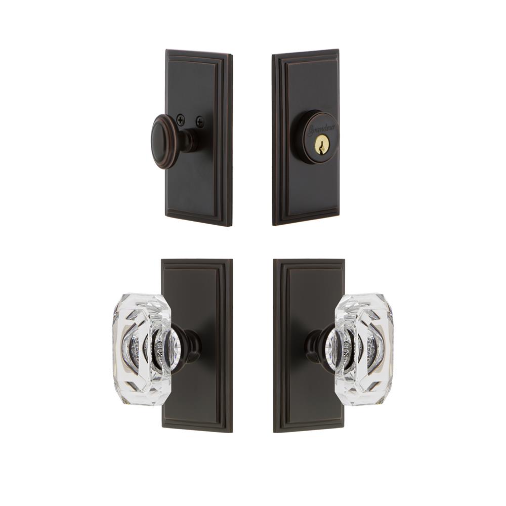 Grandeur by Nostalgic Warehouse CARBCC Carre Plate with Baguette Crystal Knob and matching Deadbolt in Timeless Bronze