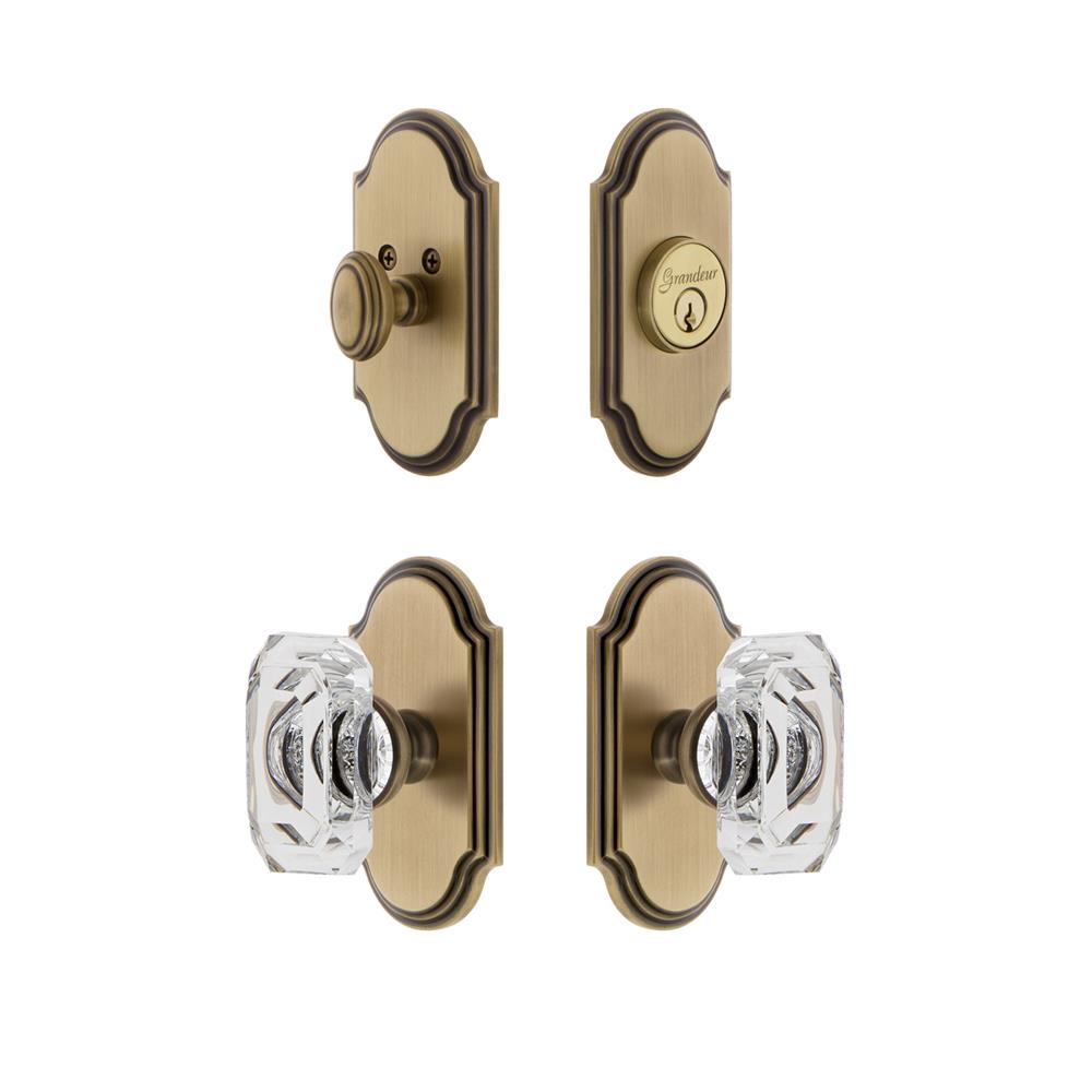 Grandeur by Nostalgic Warehouse ARCBCC Arc Plate with Baguette Crystal Knob and matching Deadbolt in Vintage Brass