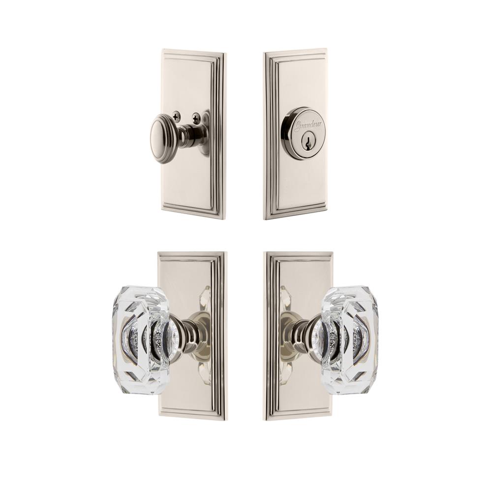 Grandeur by Nostalgic Warehouse CARBCC Carre Plate with Baguette Crystal Knob and matching Deadbolt in Polished Nickel