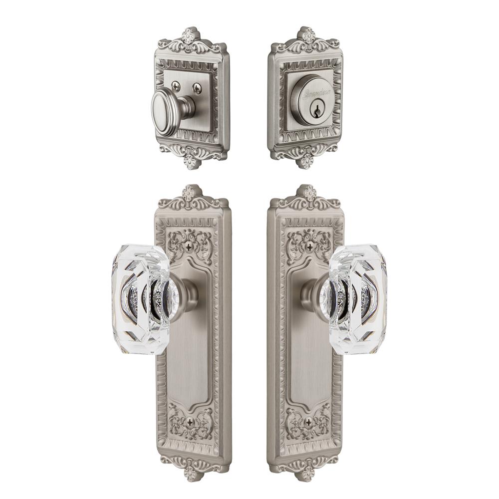 Grandeur by Nostalgic Warehouse WINBCC Windsor Plate with Baguette Crystal Knob and matching Deadbolt in Satin Nickel
