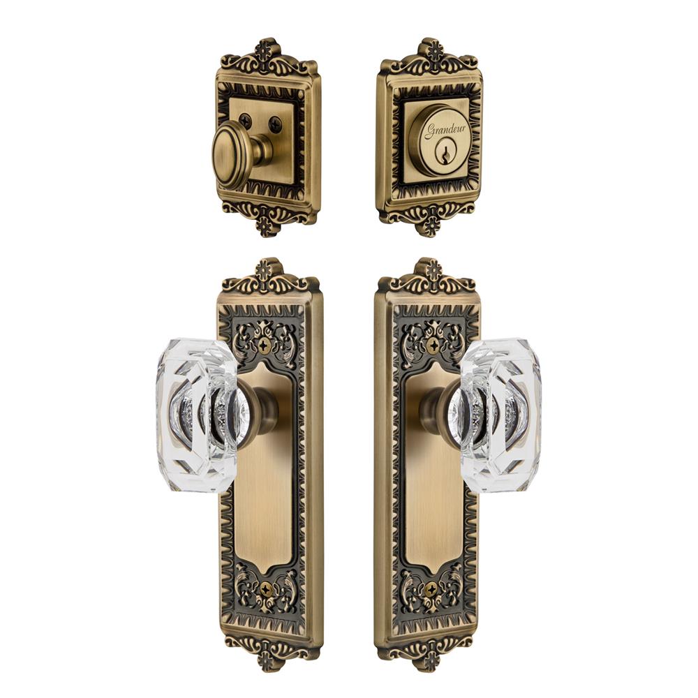 Grandeur by Nostalgic Warehouse WINBCC Windsor Plate with Baguette Crystal Knob and matching Deadbolt in Vintage Brass