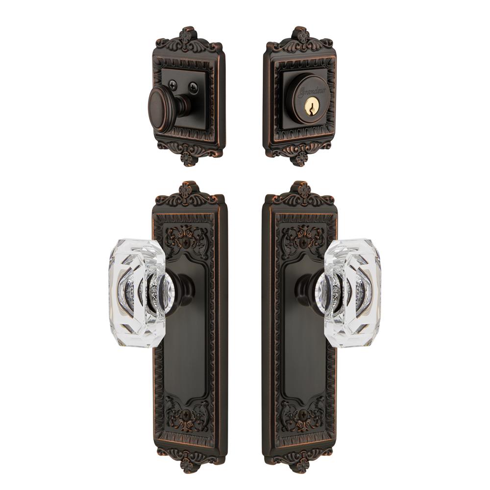 Grandeur by Nostalgic Warehouse WINBCC Windsor Plate with Baguette Crystal Knob and matching Deadbolt in Timeless Bronze