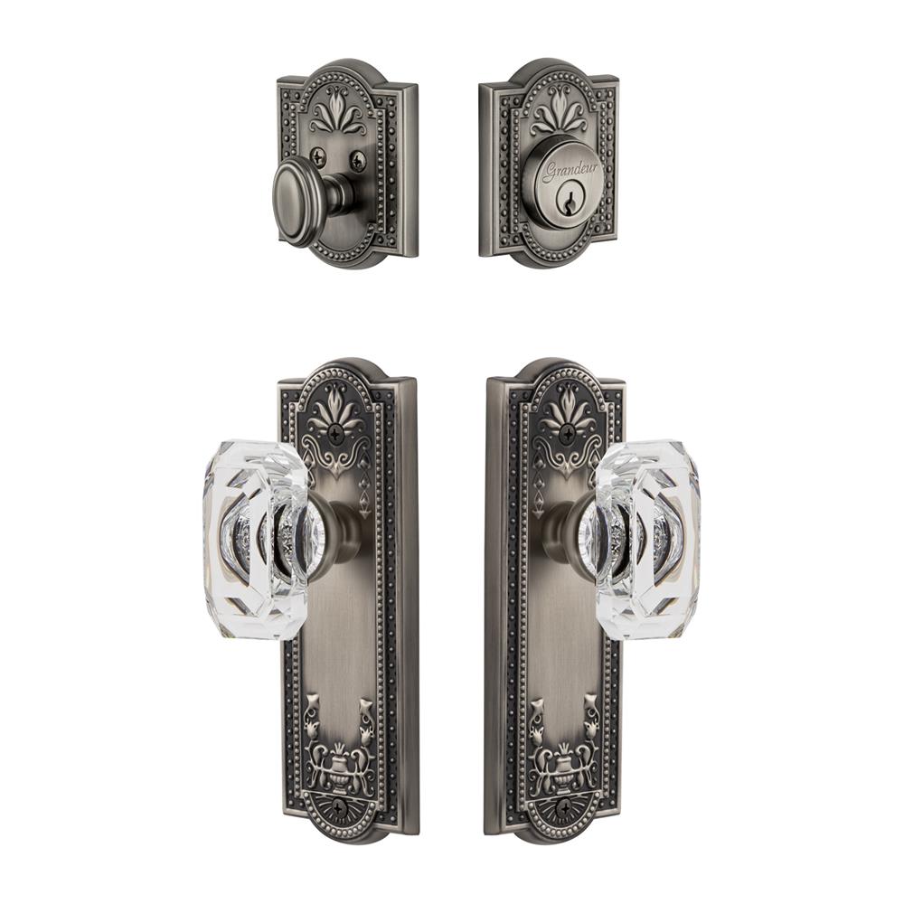 Grandeur by Nostalgic Warehouse PARBCC Parthenon Plate with Baguette Crystal Knob and matching Deadbolt in Antique Pewter