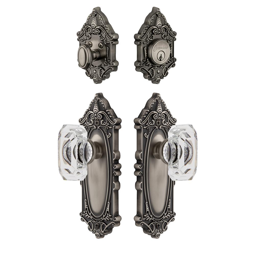 Grandeur by Nostalgic Warehouse GVCBCC Grande Vic Plate with Baguette Crystal Knob and matching Deadbolt in Antique Pewter