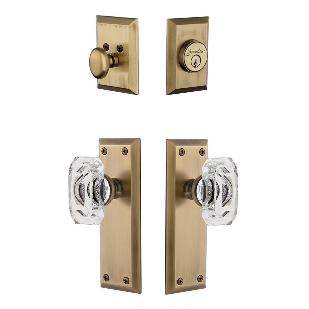 Grandeur by Nostalgic Warehouse FAVBCC Fifth Avenue Plate with Baguette Crystal Knob and matching Deadbolt in Vintage Brass