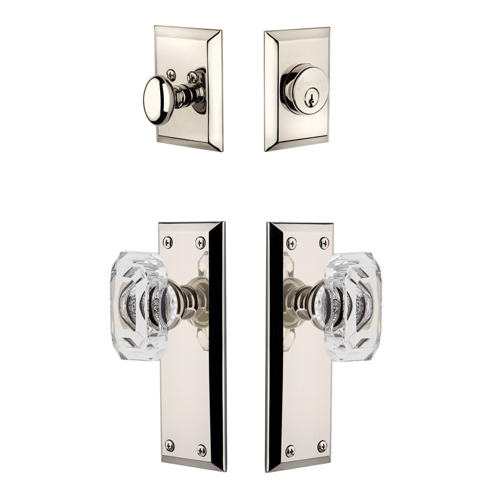 Grandeur by Nostalgic Warehouse FAVBCC Fifth Avenue Plate with Baguette Crystal Knob and matching Deadbolt in Polished Nickel