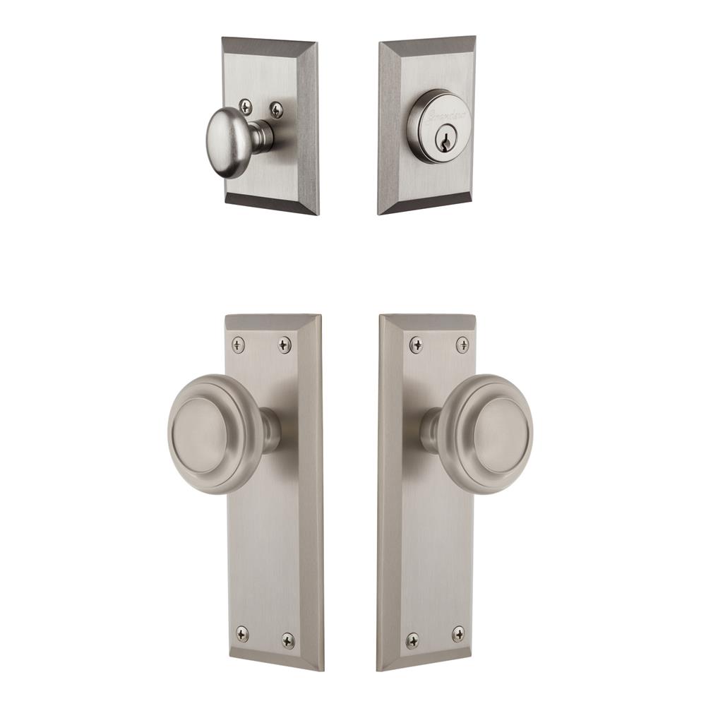 Grandeur by Nostalgic Warehouse FAVCIR Fifth Avenue Plate with Circulaire Knob and matching Deadbolt in Satin Nickel