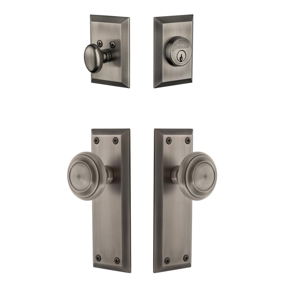Grandeur by Nostalgic Warehouse FAVCIR Fifth Avenue Plate with Circulaire Knob and matching Deadbolt in Antique Pewter