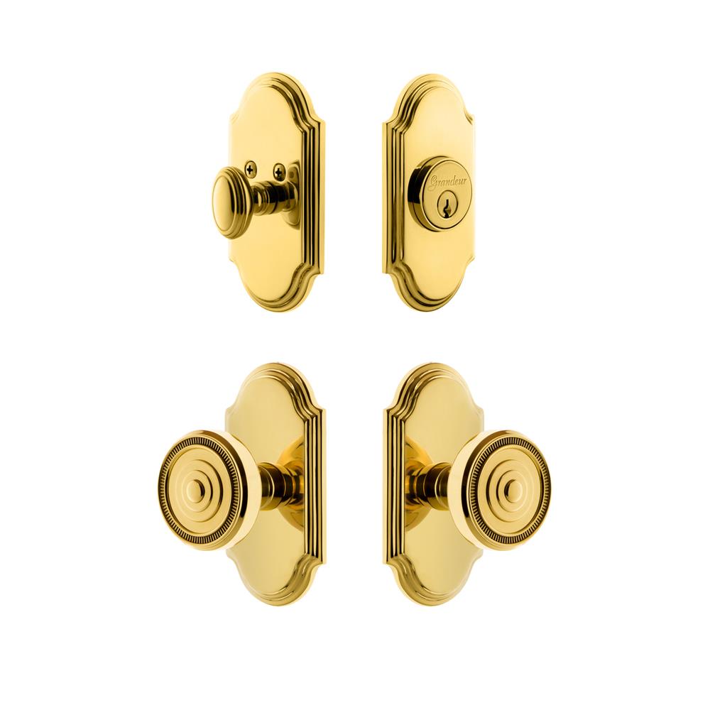 Grandeur by Nostalgic Warehouse ARCSOL Arc Plate with Soleil Knob and matching Deadbolt in Lifetime Brass