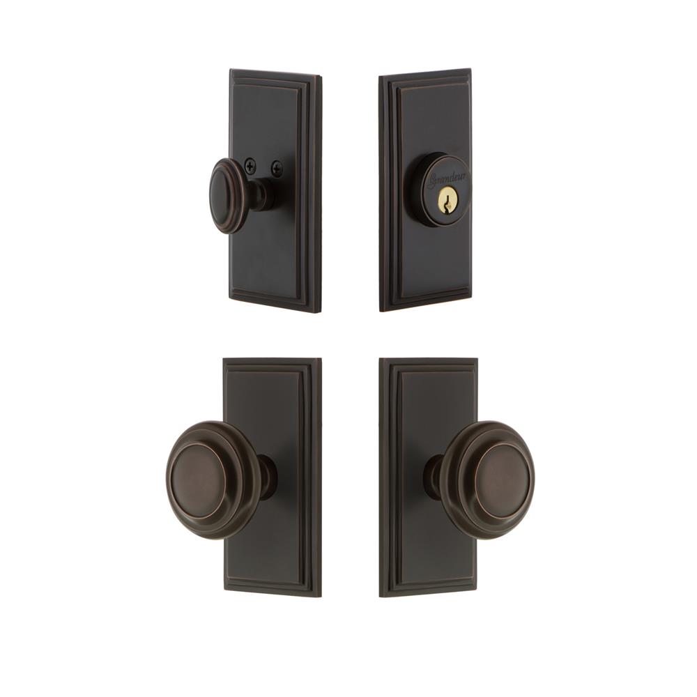 Grandeur by Nostalgic Warehouse CARCIR Carre Plate with Circulaire Knob and matching Deadbolt in Timeless Bronze