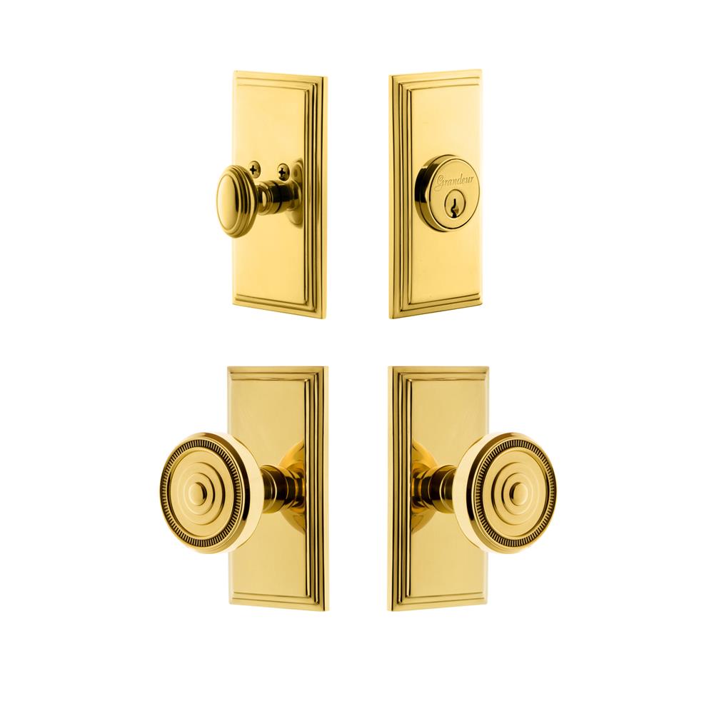 Grandeur by Nostalgic Warehouse CARSOL Carre Plate with Soleil Knob and matching Deadbolt in Lifetime Brass