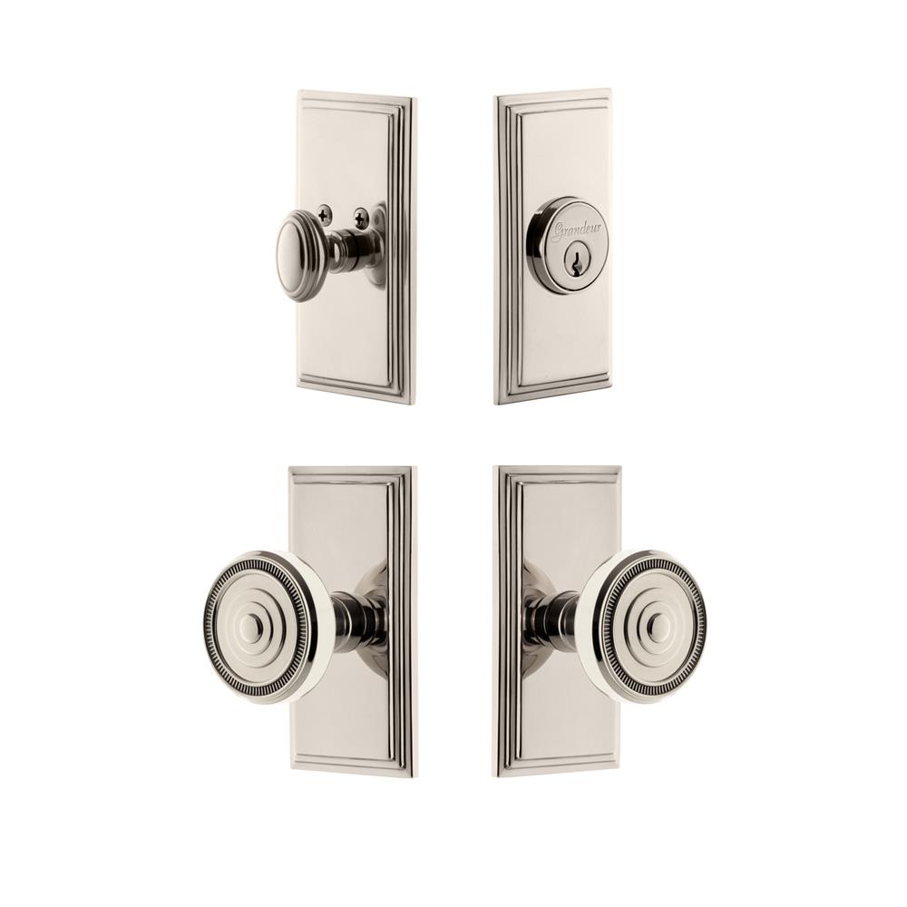 Grandeur by Nostalgic Warehouse CARSOL Carre Plate with Soleil Knob and matching Deadbolt in Polished Nickel