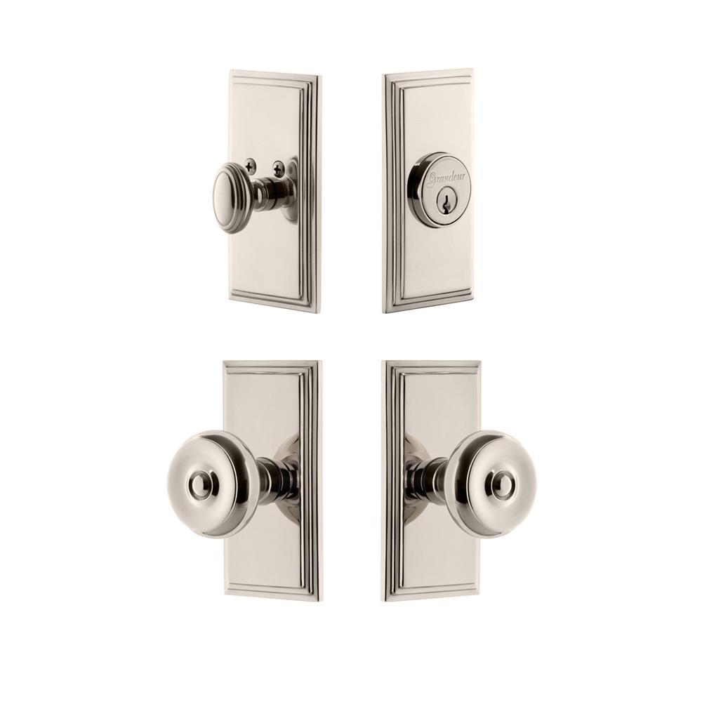 Grandeur by Nostalgic Warehouse CARBOU Carre Plate with Bouton Knob and matching Deadbolt in Polished Nickel