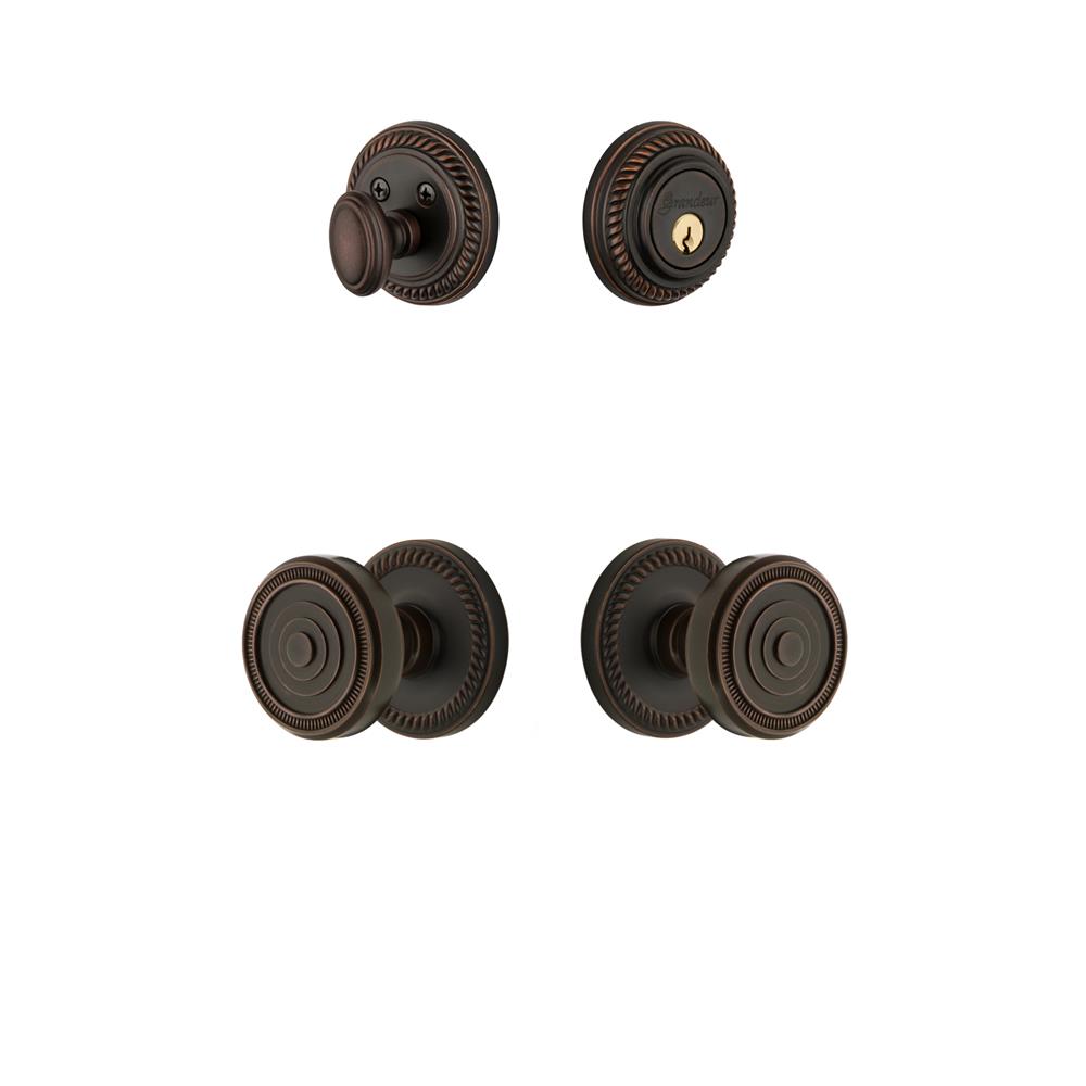 Grandeur by Nostalgic Warehouse NEWSOL Newport Rosette with Soleil Knob and matching Deadbolt in Timeless Bronze