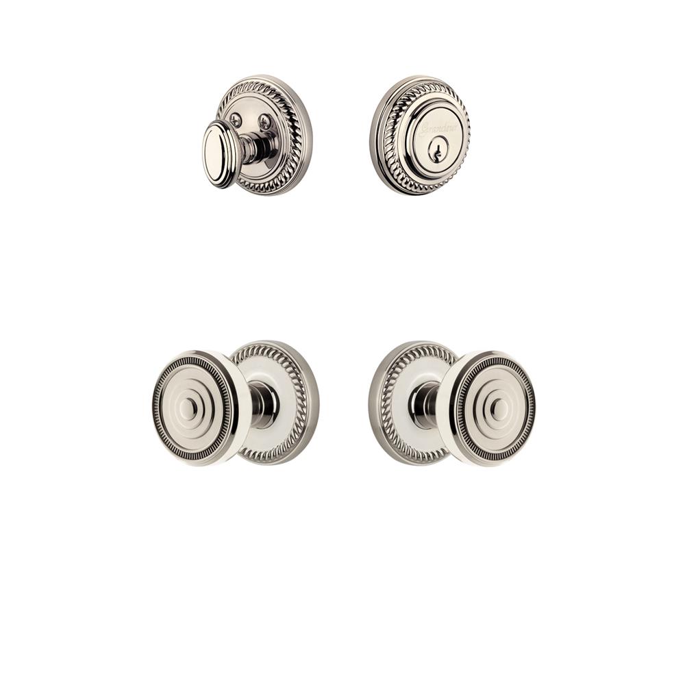 Grandeur by Nostalgic Warehouse NEWSOL Newport Rosette with Soleil Knob and matching Deadbolt in Polished Nickel