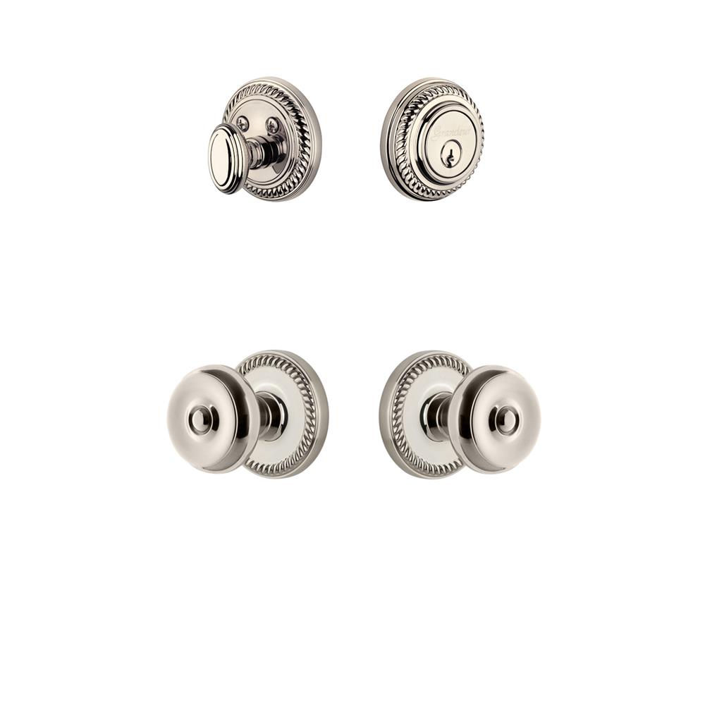 Grandeur by Nostalgic Warehouse NEWBOU Newport Rosette with Bouton Knob and matching Deadbolt in Polished Nickel