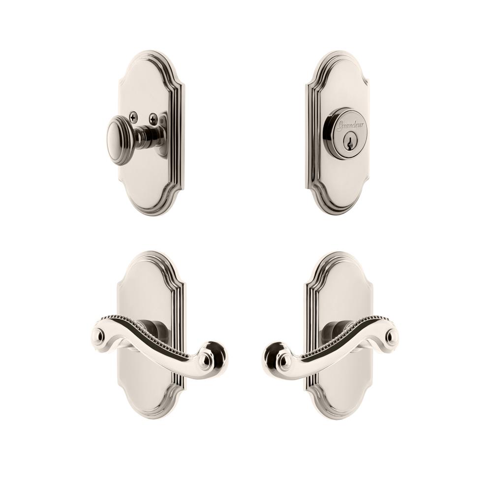 Grandeur by Nostalgic Warehouse ARCNEW Arc Plate with Newport Lever and matching Deadbolt in Polished Nickel