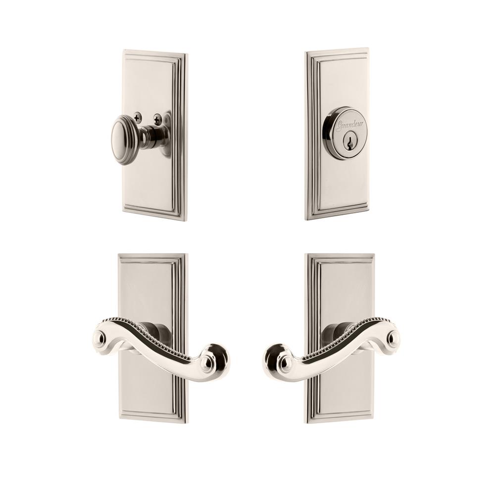 Grandeur by Nostalgic Warehouse CARNEW Carre Plate with Newport Lever and matching Deadbolt in Polished Nickel