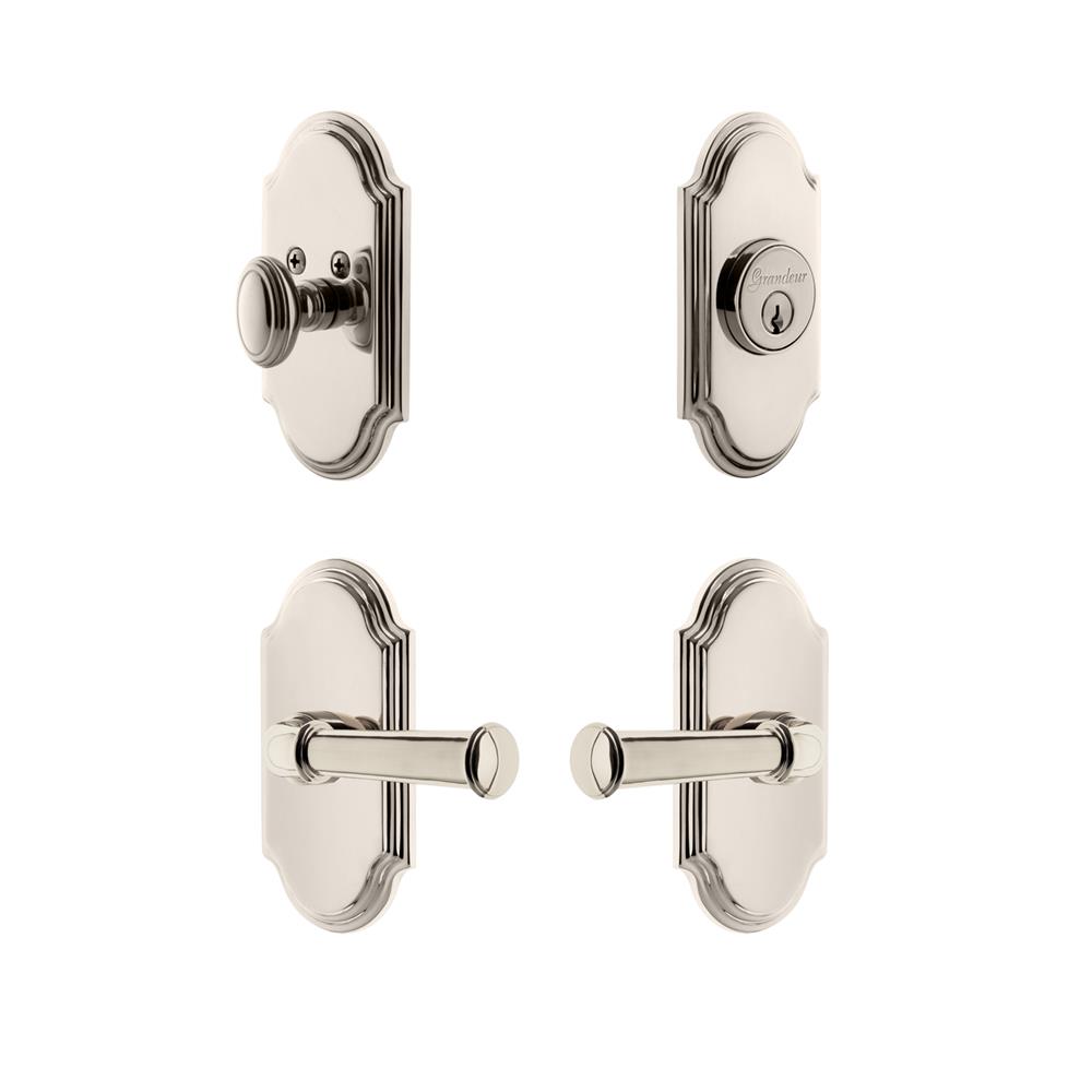 Grandeur by Nostalgic Warehouse ARCGEO Arc Plate with Georgetown Lever and matching Deadbolt in Polished Nickel