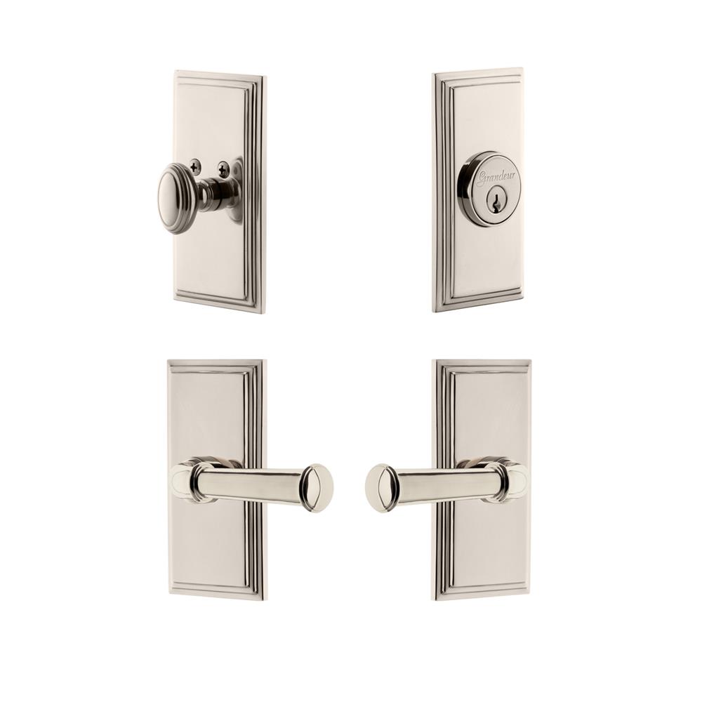 Grandeur by Nostalgic Warehouse CARGEO Carre Plate with Georgetown Lever and matching Deadbolt in Polished Nickel