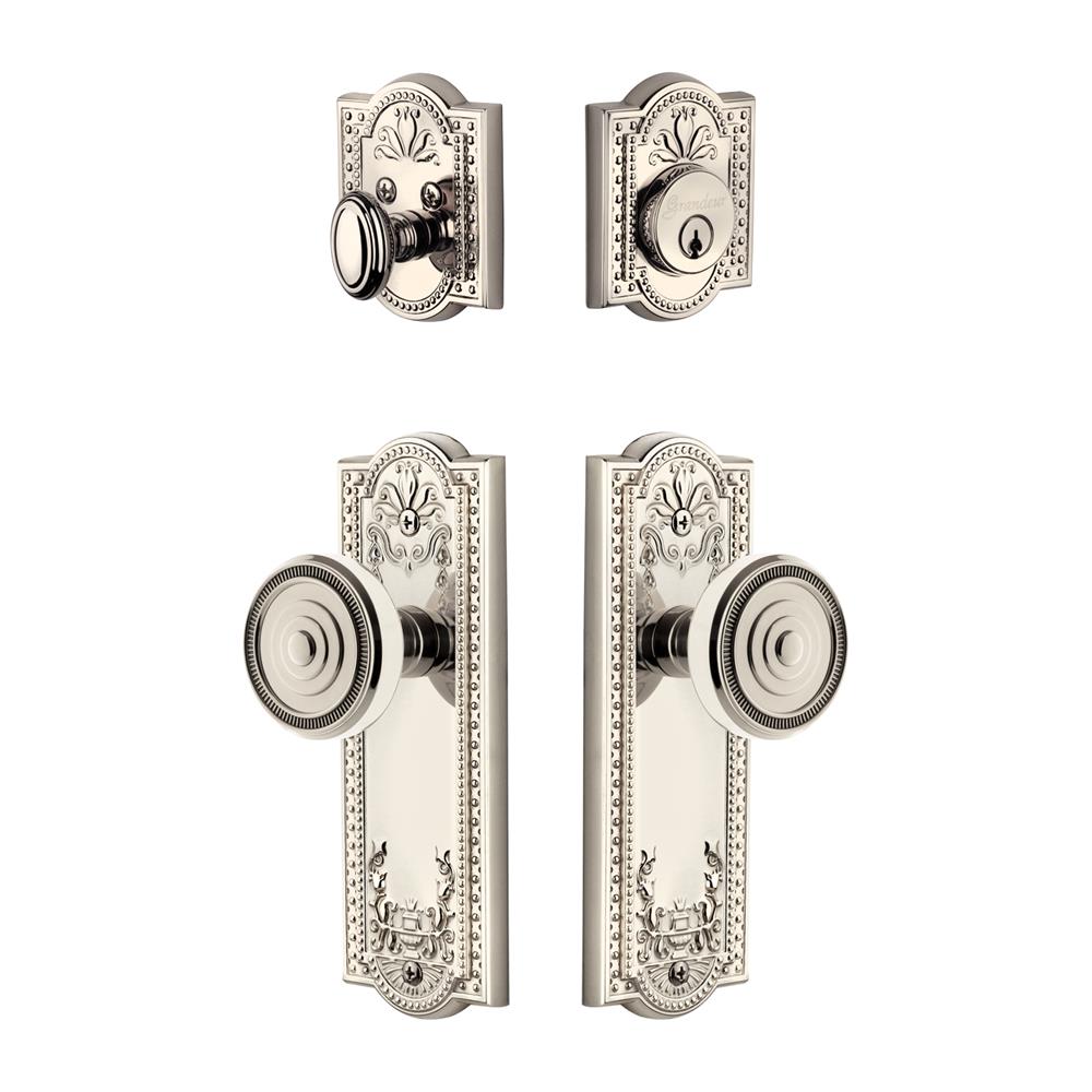 Grandeur by Nostalgic Warehouse PARSOL Parthenon Plate with Soleil Knob and matching Deadbolt in Polished Nickel