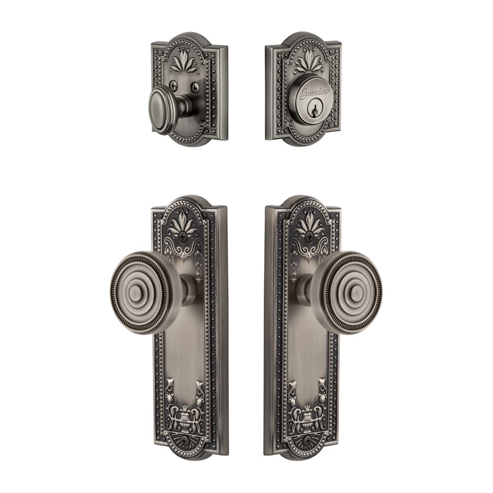 Grandeur by Nostalgic Warehouse PARSOL Parthenon Plate with Soleil Knob and matching Deadbolt in Antique Pewter