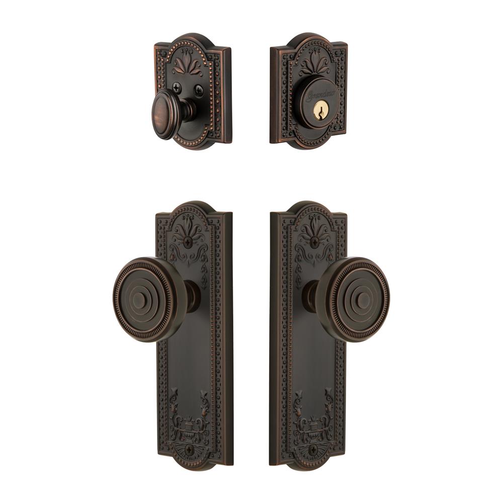 Grandeur by Nostalgic Warehouse PARSOL Parthenon Plate with Soleil Knob and matching Deadbolt in Timeless Bronze